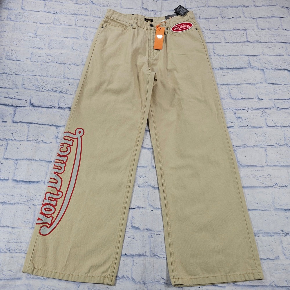 Von Dutch Canvas Trousers Mens 30 Khaki Wide Leg Red Logo Y2K Streetwear